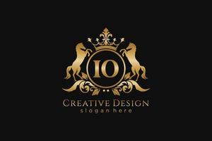initial IO Retro golden crest with circle and two horses, badge template with scrolls and royal crown - perfect for luxurious branding projects vector