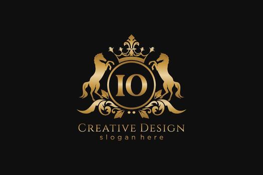 initial IO Retro golden crest with circle and two horses, badge template with scrolls and royal crown - perfect for luxurious branding projects vector