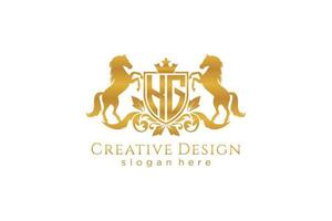 initial KG Retro golden crest with shield and two horses, badge template with scrolls and royal crown - perfect for luxurious branding projects vector