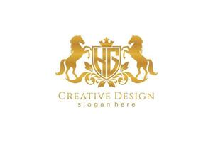 initial KG Retro golden crest with shield and two horses, badge template with scrolls and royal crown - perfect for luxurious branding projects vector