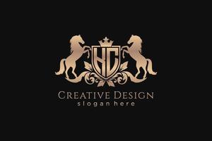 initial KC Retro golden crest with shield and two horses, badge template with scrolls and royal crown - perfect for luxurious branding projects vector