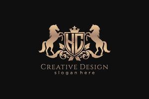 initial KC Retro golden crest with shield and two horses, badge template with scrolls and royal crown - perfect for luxurious branding projects vector