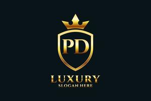 initial PD elegant luxury monogram logo or badge template with scrolls and royal crown - perfect for luxurious branding projects vector
