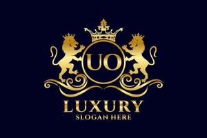 Initial UO Letter Lion Royal Luxury Logo template in vector art for luxurious branding projects and other vector illustration.