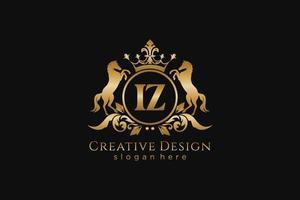 initial IZ Retro golden crest with circle and two horses, badge template with scrolls and royal crown - perfect for luxurious branding projects vector