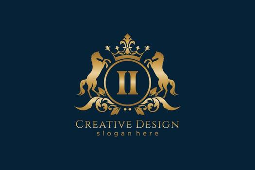 initial II Retro golden crest with circle and two horses, badge template with scrolls and royal crown - perfect for luxurious branding projects vector