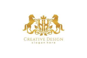 initial KX Retro golden crest with shield and two horses, badge template with scrolls and royal crown - perfect for luxurious branding projects vector