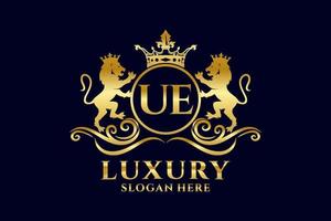 Initial UE Letter Lion Royal Luxury Logo template in vector art for luxurious branding projects and other vector illustration.