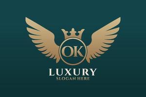 Luxury royal wing Letter OK crest Gold color Logo vector, Victory logo, crest logo, wing logo, vector logo template.