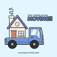 Moving house with pick up car cartoon vector illustration in flat rounded style