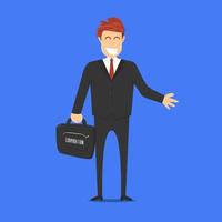 Big smile humble welcoming employe or businessman wear black suit and hold briefcase in cartoon character style vector