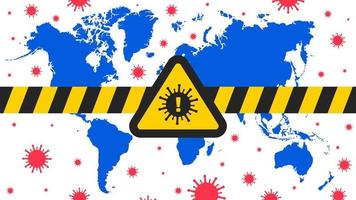 mundo en corona virus señal peligrosa alerta coution con mapa mundial e ilustración de vector de virus