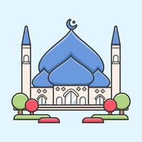 Big central mosque with blue dome and garden simple flat cute illustration for Ramadan vector