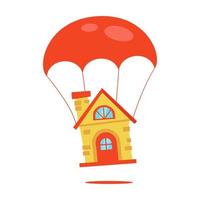 Moving house with parachute from sky airborne home cartoon vector illustration