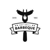 gráfico de vector de icono de logotipo de restaurante de barbacoa de barbacoa blanco negro con ilustración de silueta de tenedor de parrilla y salchicha