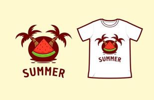 isla de playa de verano con cocotero y rebanada de sandía, diseño de ilustraciones vectoriales vector