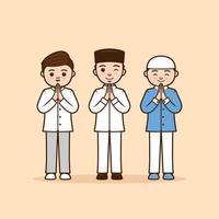 Male ramadhan character illustration thanking, greeting, apologize, farewell pose with respect by using two hand palms splice together vector