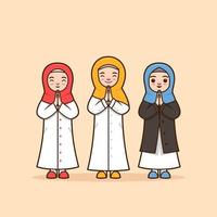 establecer ilustración de personaje musulmán femenino con bufanda hijab ramadhan agradeciendo, saludando, disculpando, pose de despedida con respeto usando dos palmas de las manos unidas vector
