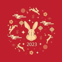 Square banner of Happy Chinese Year, with traditional patterns, cute bunnies and Asian elements on a red background. Vector illustration
