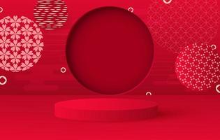 Platform and 3D studio, presentation podium. Festive background hanging lanterns, patterns. Red round stand. Vector illustration