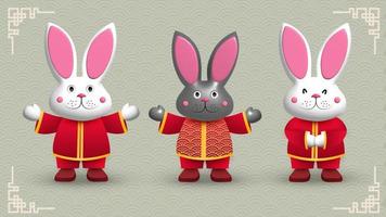 A set of porcelain or ceramic glossy figurines of white and gray hares. The rabbit is the symbol of the Chinese New Year 2023. Vector 3D illustration