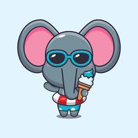 lindo elefante con helado en la playa ilustración de dibujos animados vector