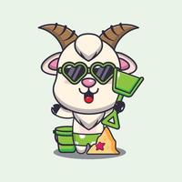 Cute goat in sunglasses play sand beach cartoon illustration vector