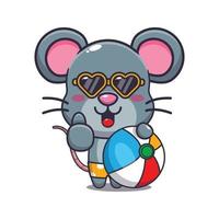 Cute mouse in sunglasses with beach ball cartoon illustration. vector