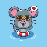 Cute mouse in sunglasses swimming on beach cartoon illustration. vector