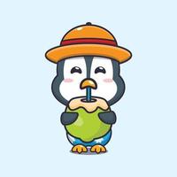 lindo pingüino beber ilustración de dibujos animados de coco fresco. vector