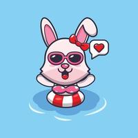 Cute bunny in sunglasses swimming on beach cartoon illustration. vector