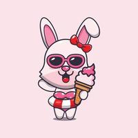 Cute bunny with ice cream on beach cartoon illustration. vector