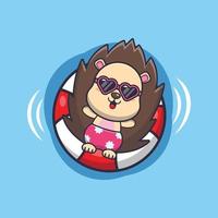 Cute hedgehog in sunglasses float with buoy cartoon illustration. vector