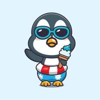 Cute penguin with ice cream on beach cartoon illustration. vector