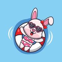 Cute bunny in sunglasses float with buoy cartoon illustration vector