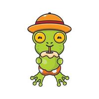 Cute frog drink coconut cartoon illustration vector