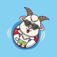 Cute goat in sunglasses float with buoy cartoon illustration vector