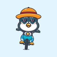 pingüino genial con gafas de sol montando una motocicleta en el día de verano. vector
