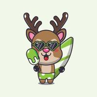 Cute deer with surfboard holding ice cartoon illustration vector