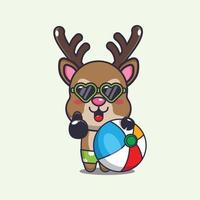 Cute deer in sunglasses with beach ball cartoon illustration vector