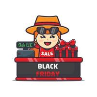 cute girl with sunglasses in black friday sale cartoon mascot illustration vector