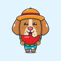 Cute dog eating fresh watermelon cartoon illustration vector