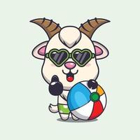 Cute goat in sunglasses with beach ball cartoon illustration vector