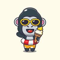 Cute gorilla with ice cream on beach cartoon illustration. vector