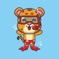 Cute leopard diving cartoon mascot character illustration. vector