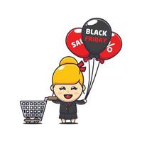 cute business woman in black friday sale cartoon mascot illustration vector