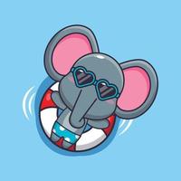 Cute elephant in sunglasses float with buoy cartoon illustration vector