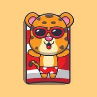 Cute leopard with sunglasses sleep on beach. vector