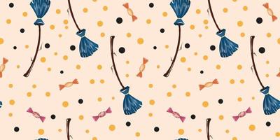 Cute halloween seamless pattern with broom and candy. For textile, wrapping paper, packaging. vector