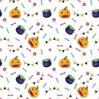 Seamless pattern with carved pumpkin, sweets and cauldron with boiling poison. vector